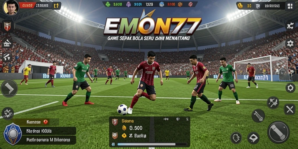 Screenshot gameplay EMON77 menampilkan aksi seru di lapangan sepak bola.