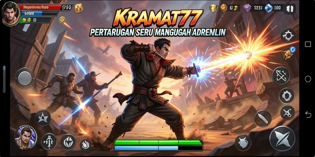 Tampilan aksi seru karakter dalam KRAMAT77 dengan efek grafis menawan.