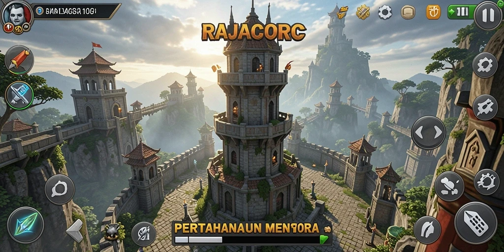 Gameplay menegangkan RAJACORC dengan menara yang melawan gelombang musuh.