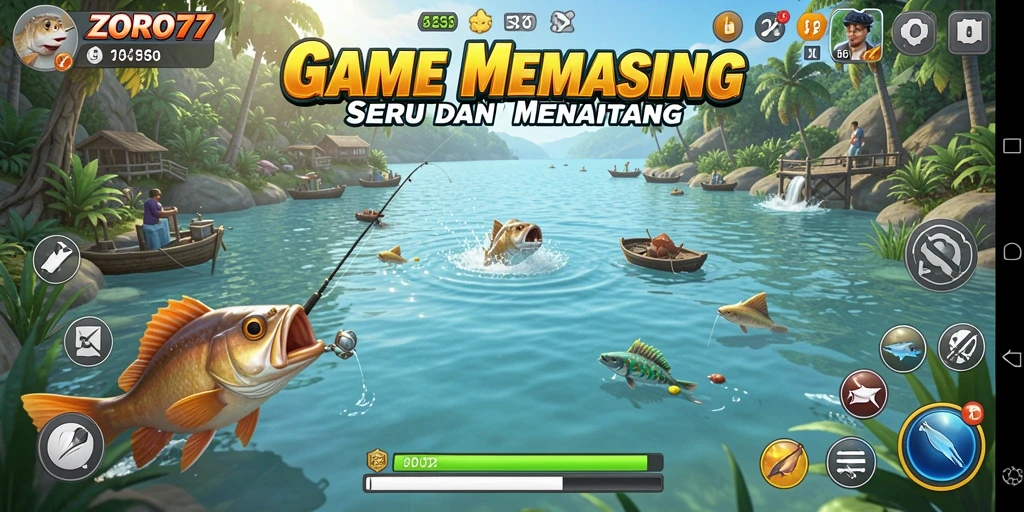 Screenshot gameplay ZORO77 menampilkan suasana memancing yang mendebarkan.